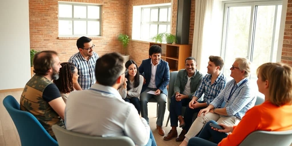 Sessão de coaching com grupo diversificado e interativo.