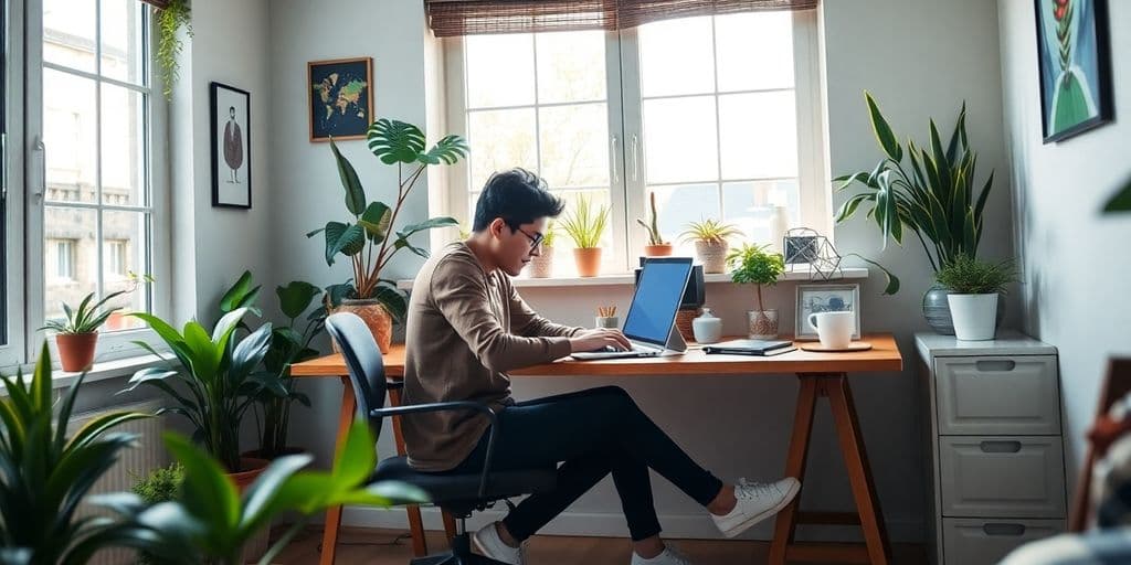 Pessoa a trabalhar no computador com plantas ao redor.