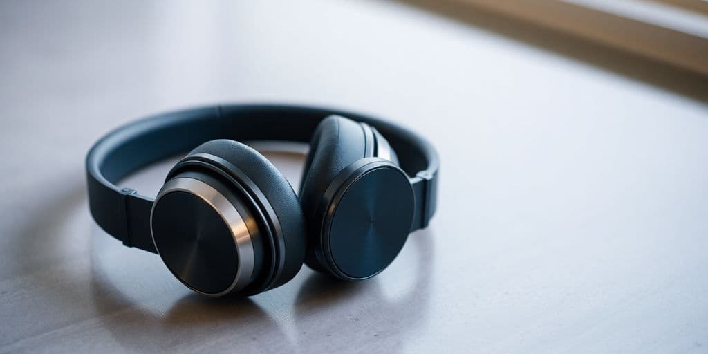Auriculares bluetooth modernos sobre uma superfície sólida.