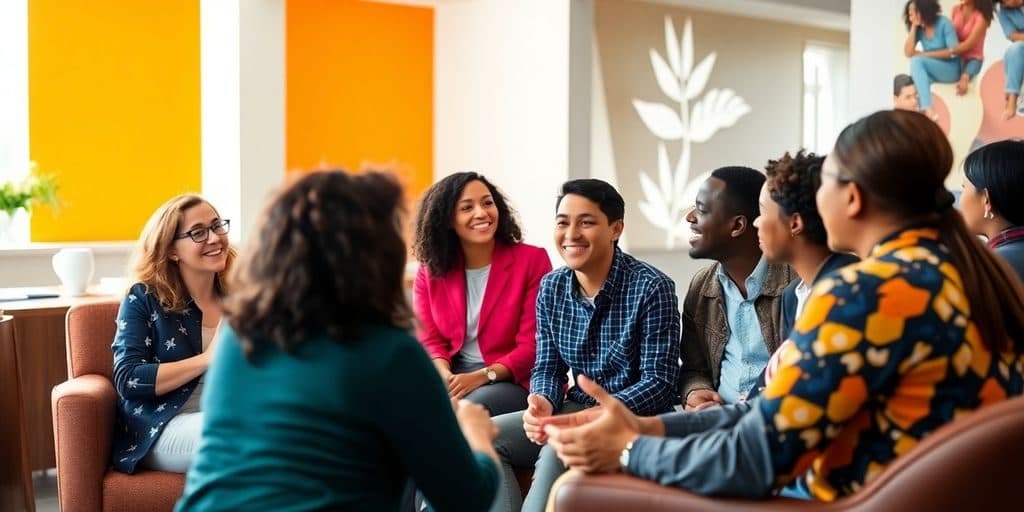 Grupo diversificado em sessão de coaching motivacional.