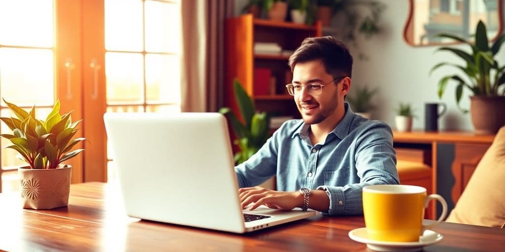 Pessoa a trabalhar em laptop com plantas e café.