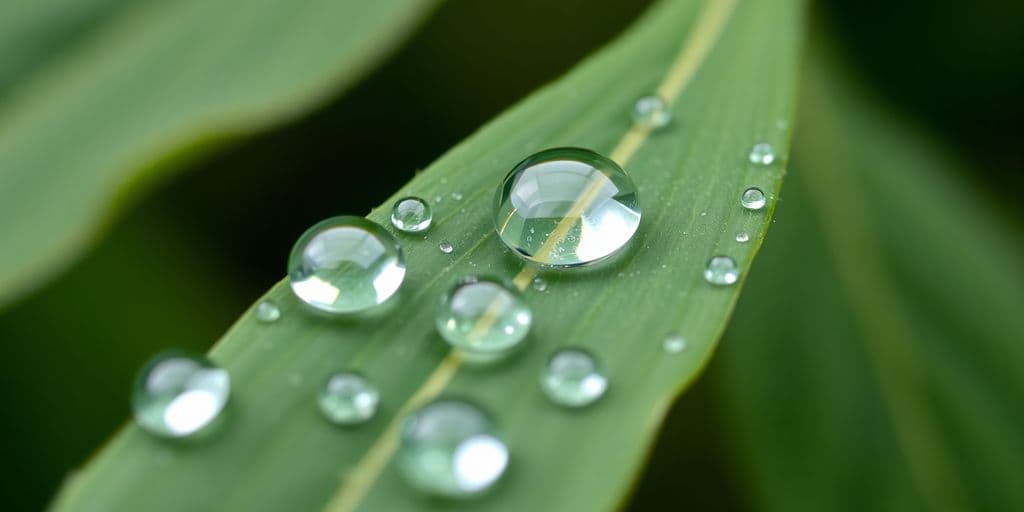 Gotas de água em uma folha verde.