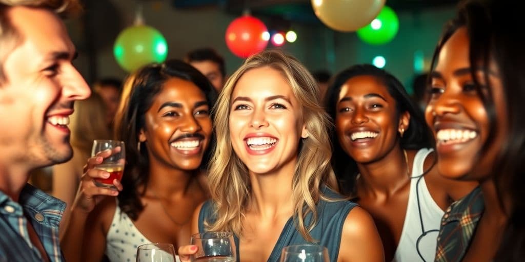 Grupo diverso de solteiros sorrindo e interagindo.