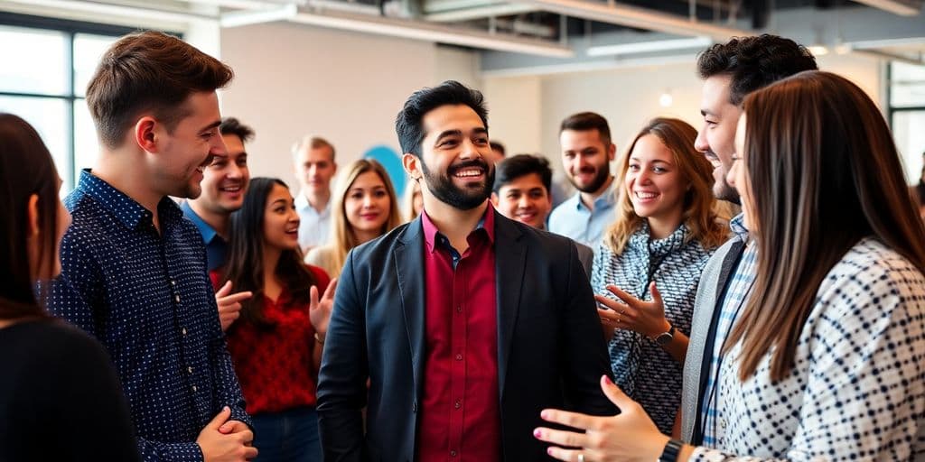 Imagem de Alex Hormozi com empreendedores a partilhar ideias.