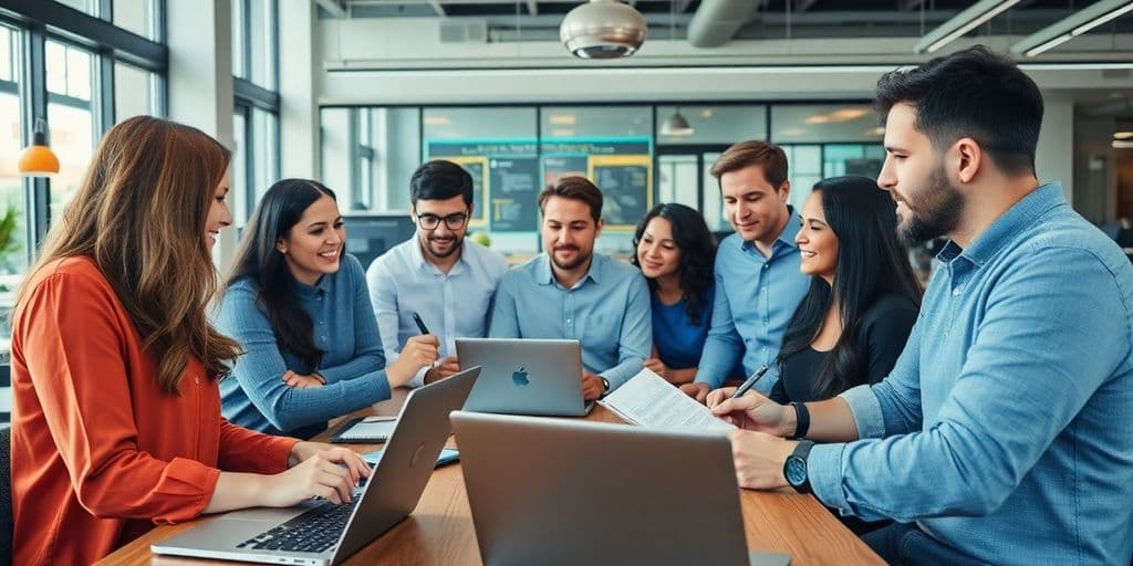 Profissionais diversos colaborando em ambiente de trabalho moderno.