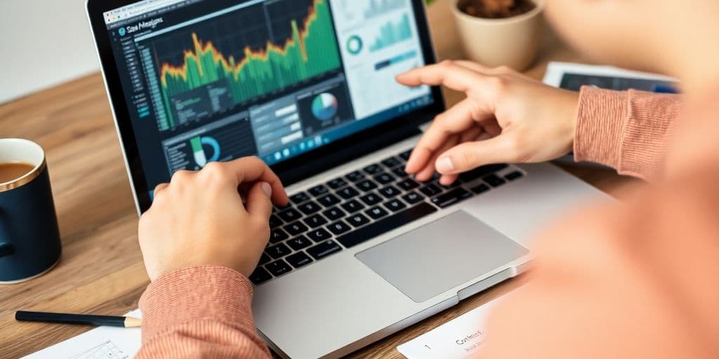 Pessoa a analisar dados com um computador e notas.